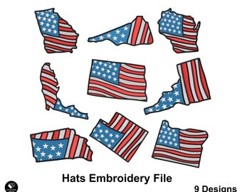 USA States American Flags Embroidery Designs File for Hats & Bennie, 4th July Embroidery, Bundle of 9, Custom Snapback and Dad Hat PES Files