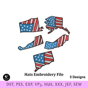 Puede incluir: Cinco diseños de bordado de formas estatales, cada uno con un diseño de bandera estadounidense. Los diseños incluyen los estados de Alaska, Connecticut y otros. También está presente el texto "Hats Embroidery File" y "5 Designs".