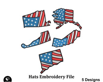 USA States American Flags Embroidery Designs File for Hats & Bennie, 4th July Embroidery, Bundle of 9, Custom Snapback and Dad Hat PES Files
