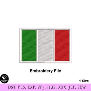 Może przedstawiać: Plik do haftu z flagą Włoch. Flaga jest zielona, biała i czerwona. Plik jest dostępny w następujących formatach: DST, PES, EXP, VP3, HUS, XXX, JEF, SEW.