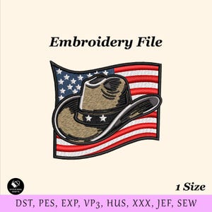 May include: An embroidery file design featuring a cowboy hat with stars and stripes, set against an American flag backdrop. The text "Embroidery File" is at the top. The design is labeled as "1 Size".