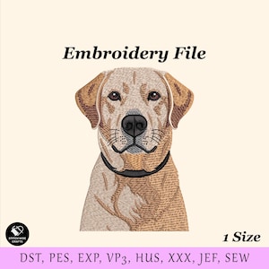 May include: An embroidery file featuring a detailed illustration of a Labrador Retriever dog. The dog is depicted with tan and brown fur, a black collar, and a black nose. The text "Embroidery File" is at the top. The file is available in 1 size.