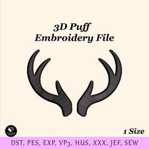 May include: Black 3D puff embroidery file featuring a pair of stylized antlers. The text "3D Puff Embroidery File" is at the top. The file is available in 1 size and multiple formats, including DST, PES, EXP, VP3, HUS, XXX, JEF, and SEW.