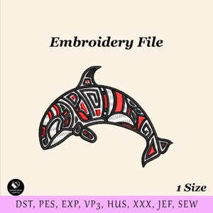May include: An embroidery file featuring a stylized orca design. The orca is depicted in black, red, and white, with intricate patterns filling its body. The text "Embroidery File" is at the top. The design is labeled as "1 Size".