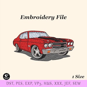 Może przedstawiać: Plik do haftu przedstawiający czerwony klasyczny samochód z czarnymi pasami wyścigowymi na masce. Obraz zawiera tekst "Embroidery File" i "1 Size". Formaty plików są wymienione na dole.