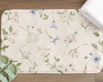 Tappetino da bagno floreale Cottagecore / Tappetino da bagno morbido con fiori di campo / Tappetino da bagno botanico vintage / Floreale azzurro crema / Arredamento accogliente in stile fattoria