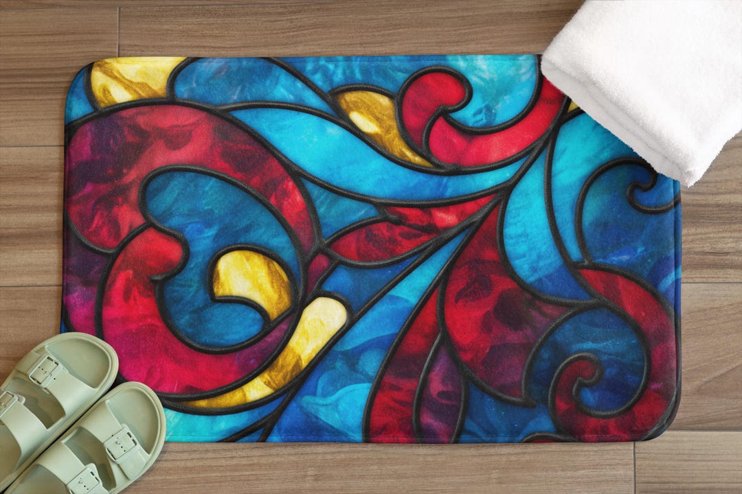 Stained Mat Stained Glass Swirl Bath Mat | Colorful Floral Patterned Rug, Matching ...