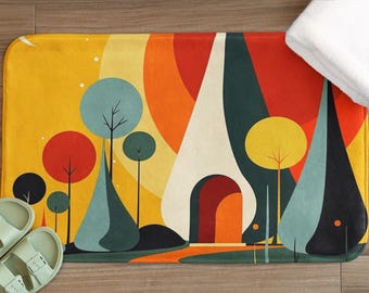 Vintage Abstract Bath Mat Colorful Floor Decor, Modern Home Accessory, Unique Gift Nature Lovers, Boho Bathroom Accent, Mid-Century Modern