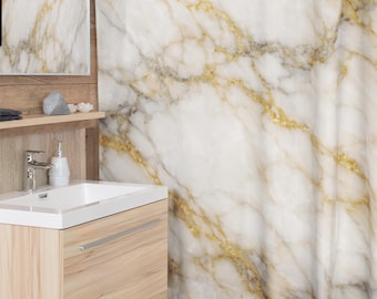 Cortina de ducha de mármol con vetas doradas / Elegante estampado de piedra, color neutro para baño