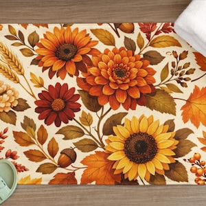 Autumn Floral Sunflower Bath Mat | Fall Leaves, Rust Orange Floral Pattern