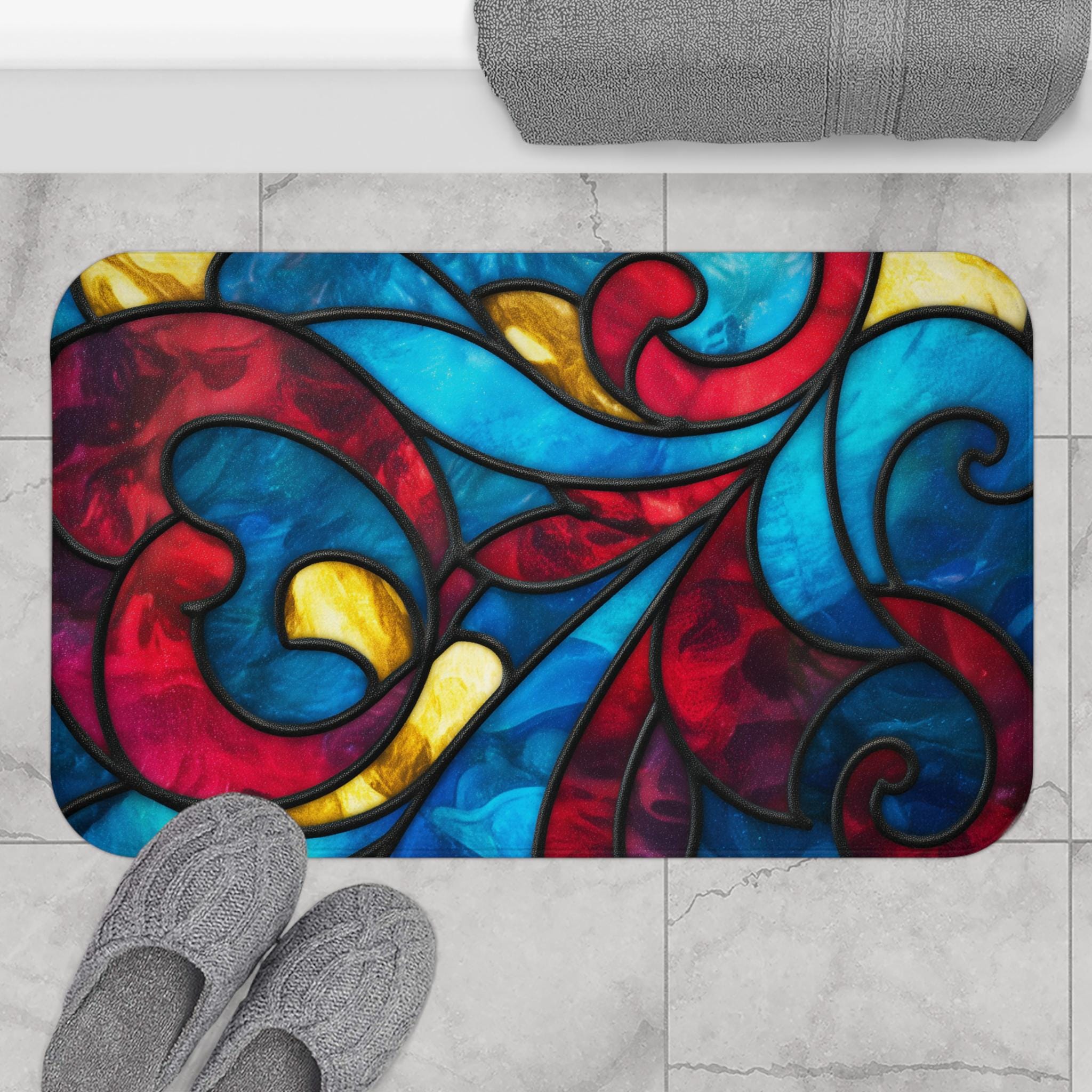 Stained Mat Stained Glass Swirl Bath Mat | Colorful Floral Patterned Rug, Matching ...