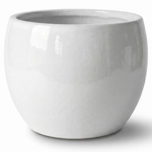Peut inclure: Un pot de fleurs sphérique en céramique avec une finition blanche lisse et brillante. Le récipient présente une large ouverture circulaire sur le dessus et un corps arrondi qui se rétrécit légèrement vers la base, offrant un aspect uniforme.