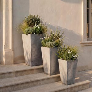 Könnte beinhalten: Drei graue Betonpflanzgefäße unterschiedlicher Größe, jeweils gefüllt mit Grün und weißen Blumen. Die Pflanzgefäße sind auf Steinstufen vor einer neutralfarbenen Wand angeordnet und schaffen eine minimalistische Außendekoration.
