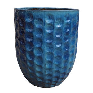 Peut inclure: Un grand pot de fleurs en céramique bleue avec une surface texturée et alvéolée. Le pot a une finition brillante et une forme ovale large. La couleur varie du bleu foncé profond aux nuances plus claires. Idéal pour l'intérieur ou l'extérieur.