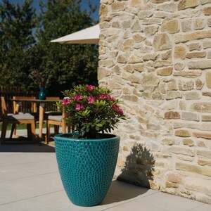 Könnte beinhalten: Ein türkisfarbener Keramik-Blumentopf mit strukturierter Oberfläche, gefüllt mit einem blühenden Azaleenbusch mit rosa Blüten. Der Topf steht auf einer Terrasse neben einer Steinmauer, im Hintergrund sind ein Tisch und Stühle zu sehen.