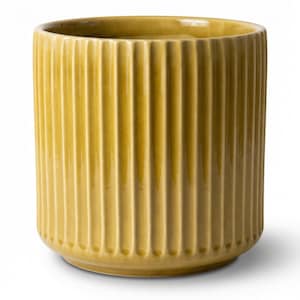 Peut inclure: Un cache-pot cylindrique en céramique jaune moutarde présentant une texture côtelée verticale sur l'extérieur. Le récipient possède une finition lisse et brillante ainsi qu'une large ouverture supérieure, avec une couleur uniforme.