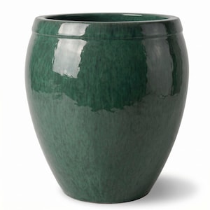 Peut inclure: Un grand pot de fleurs en céramique arrondi avec un vernis vert forêt profond et brillant. La surface présente de subtiles variations de couleur mouchetées, créant un aspect texturé. Le récipient a un large sommet ouvert avec un bord épais.