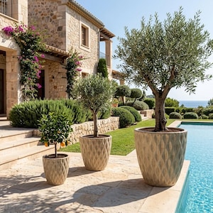 Peut inclure: Trois oliviers et un agrume en pot sur une terrasse en pierre, près d'une piscine. Les pots ont un motif en losange. Une grande maison en pierre est en arrière-plan, avec vue sur la mer.