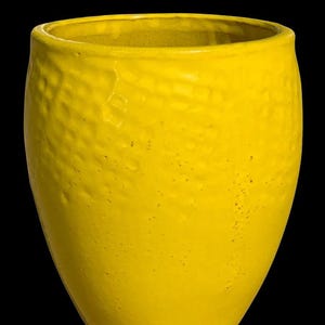 Könnte beinhalten: Ein leuchtend gelber Keramik-Blumentopf mit strukturierter Oberfläche. Der Topf hat eine breite Öffnung und eine abgerundete, leicht konische Form. Der Hintergrund ist einfarbig schwarz und hebt die lebendige Farbe und Form des dekorativen Topfes hervor.