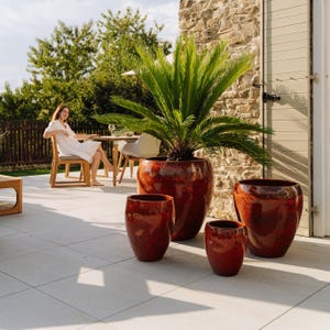 Könnte beinhalten: Ein Set aus vier runden, glänzenden, tiefroten Keramikpflanzgefäßen in verschiedenen Größen, die auf einer Terrasse stehen. Der größte Topf enthält eine große, leuchtend grüne Sagopalme mit langen, gefiederten Wedeln.