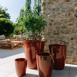 Small Glazed Ceramic Planter MAZARIN in Tropical Orange, 27 x 34 cm (11 x 13 in), Frost-Resistant Flower Pot with Drainage Hole