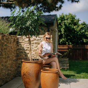 Könnte beinhalten: Zwei große, strukturierte Keramik-Pflanzgefäße in Terrakotta-Farbe. Ein Pflanzgefäß enthält einen kleinen Baum. Die Pflanzgefäße stehen im Freien auf einer Terrasse. Im Hintergrund sitzt eine Person auf einer Bank.