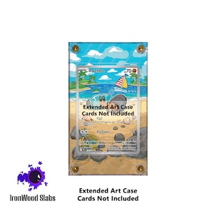 May include: A clear acrylic Extended Art Case displaying a Dwebble Pokémon card. The card shows a beach scene with a sailboat and the text "Extended Art Case Cards Not Included". The case is secured with four gold screws.