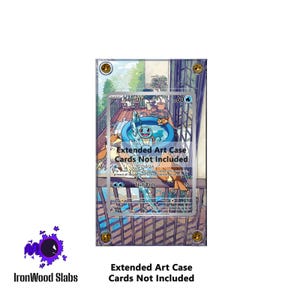 May include: Clear acrylic extended art case for trading cards. The case features gold-colored corner screws and the text "Extended Art Case Cards Not Included". The case displays a Squirtle card.