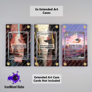May include: Three extended art cases for trading cards. Each case features a different Pokémon card: Charmander, Charmeleon, and Charizard. The cases have a black border with gold accents. The text "Extended Art Case Cards Not Included" is visible.