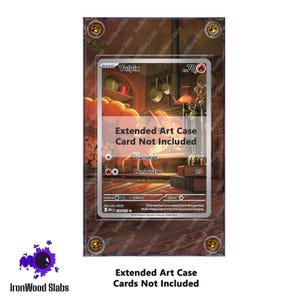 May include: A clear, protective case for a trading card, featuring a Vulpix card with an extended art design. The case is labeled "Extended Art Case Cards Not Included" and is framed with decorative elements.