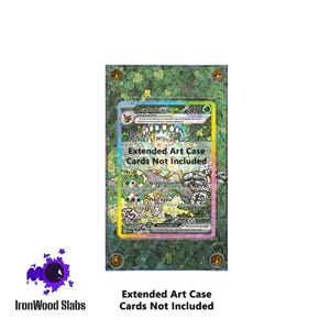 May include: A clear acrylic display case with a green leaf pattern border, holding a Pokemon card. The card features a Leafeon EX design with the text "Extended Art Case Cards Not Included". Gold screws secure the case.