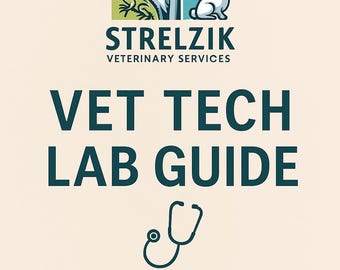 May include: A cream-colored guide titled "Vet Tech Lab Guide" with a stethoscope icon. The guide features a logo with illustrations of a dog, cat, rabbit, frog, and dog. The guide covers fecal, cytology, UA, and smears.