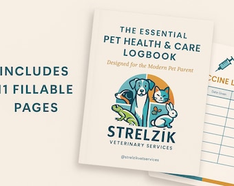 May include: A pet health and care logbook with the text "The Essential Pet Health & Care Logbook" and "Designed for the Modern Pet Parent." The cover features a dog, cat, frog, and rabbit. Includes 11 fillable pages.