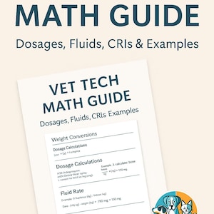 May include: A printable Vet Tech Math Guide titled "VET TECH MATH GUIDE" in dark teal. The guide covers dosages, fluids, CRIs, and examples. It includes weight conversions, dosage calculations, and fluid rate examples. The guide is an editable PDF.