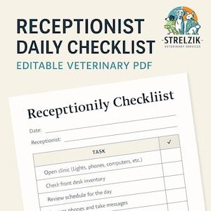 Könnte beinhalten: Ein weißes tägliches Checklisten-Formular für Tierarztpraxis-Rezeptionisten mit dem Text "RECEPTIONIST DAILY CHECKLIST EDITABLE VETERINARY PDF". Es enthält Felder für Datum und Rezeptionist.