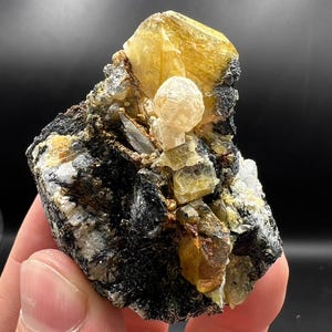 May include: A natural mineral specimen featuring a cluster of crystals. The piece showcases a mix of colors, including yellow, black, and white. The crystals have a rough, textured appearance, with a prominent, rounded formation.