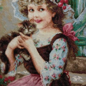 Handmade Cross-Stitch Embroidery – “Girl with a Kitten” | 59,400 Stitches | Anchor Threads | 34×44 cm | 51 Colors