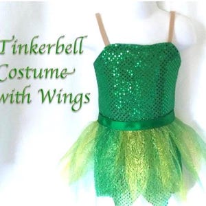 Adult Sz 2 - 4 Tinkerbell-inspired Fairy Costume Green sparkle with Leaf Skirt and Fairy Wings- ships free