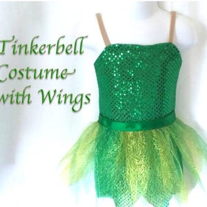 Size 4-6 Adult Tinkerbell-inspired Fairy Costume Green sparkle with Leaf Skirt and Fairy Wings
