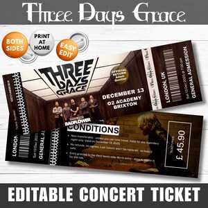 Bearbeitbare drei Tage Gnade Konzertkarte Vorlage Druckbare Konzertkarte Canva Vorlage Geschenk Konzertkarte Souvenir Event-Eintrittsgeschenk