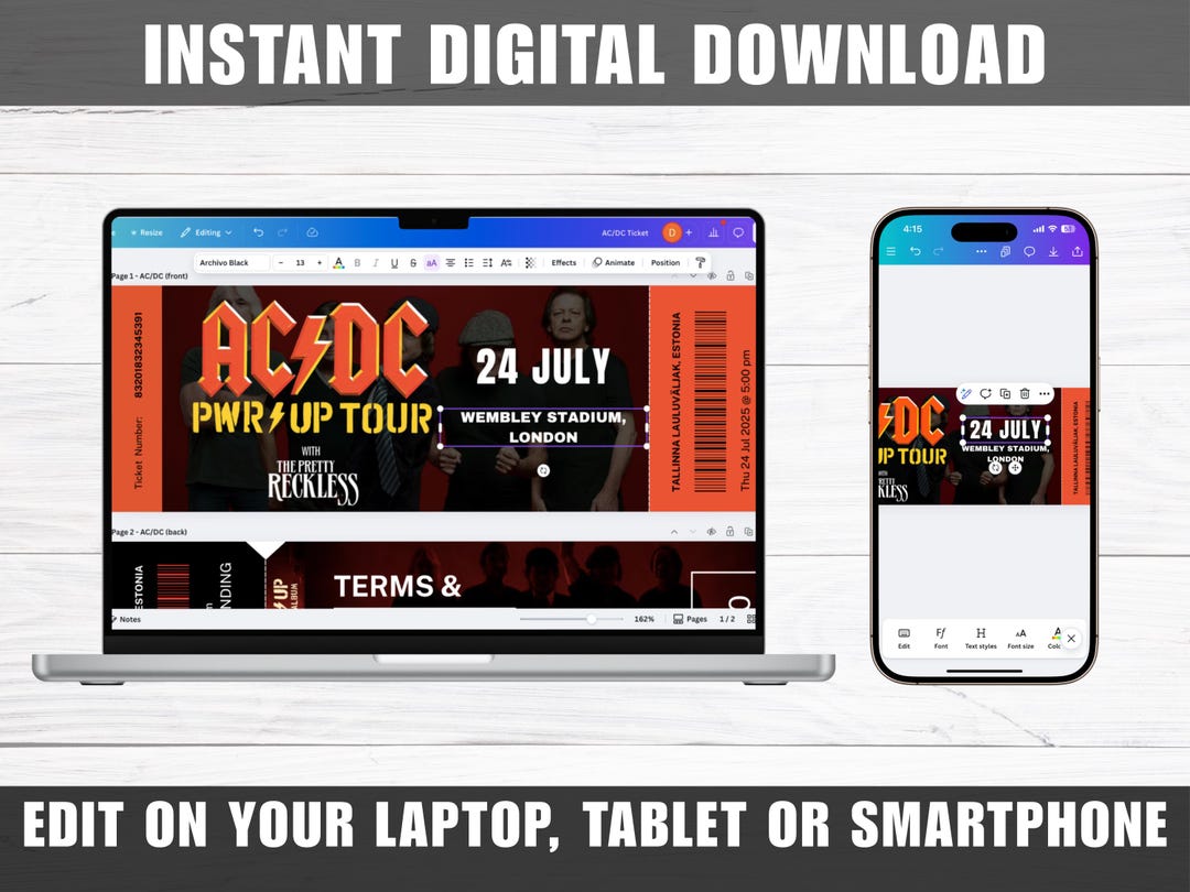 ACDC Digital Concert Ticket Template Canva Custom Editable Printable ...
