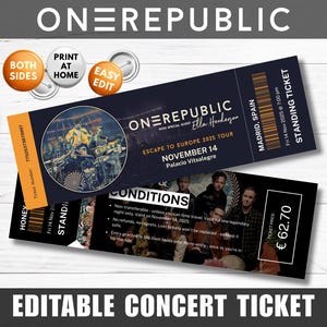 Bearbeitbare OneRe Biegering Konzertkarte Vorlage Druckbare One Republik Ticket Canva Vorlage Geschenk Konzertkarte Souvenir Event-Eintrittskarte Geschenk