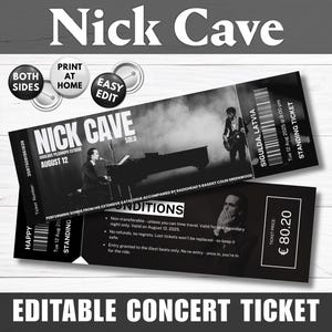 Bearbeitbare Nick Cave Konzertticket-Vorlage Druckbare Nick Cave Ticket Canva Template Geschenk Konzertkarte Souvenir Event-Eintrittskarte Geschenk