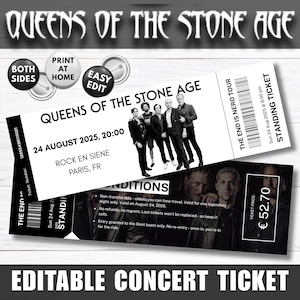 Plantilla editable de entradas para el concierto de Queens of the Stone Age, plantilla imprimible de entradas para el concierto de QOTSA en Canva, regalo, recuerdo de concierto, entrada para evento