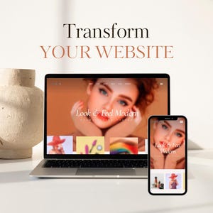 May include: A laptop and a smartphone displaying a website with the text "Look & Feel Modern" and a woman's face. The website is for a company that helps businesses create modern websites.