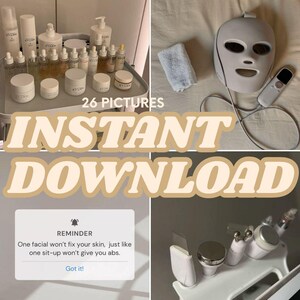 Könnte beinhalten: Eine Collage mit Hautpflegeprodukten auf einem Tablett, einer weißen LED-Lichttherapiemaske mit Fernbedienung, einer digitalen Erinnerungsbenachrichtigung mit dem Text One facial won't fix your skin, just like one sit-up won't give you abs und einem weißen Gesichtsgerät.