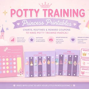 以下が含まれることがあります： ピンクと紫のプリンセスをテーマにした、トイレトレーニング用チャート、朝と夜のルーチン表、ご褒美クーポンの印刷用セット。城、虹、様々なアイコンのグラフィックが含まれています。テキスト：POTTY TRAINING PRINCESS PRINTABLES。