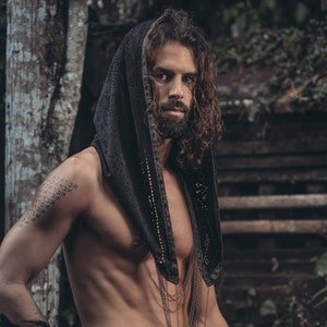 Cosmic Druid Laser Cut Chain Hood - Post-Apocalyptic Festival Hood- Dark Techno Warrior - Shaman Ceremony Clothing