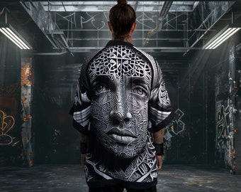 Kimono Omni - Kimono de festival reactivo con luz negra y geometría sagrada de bambú