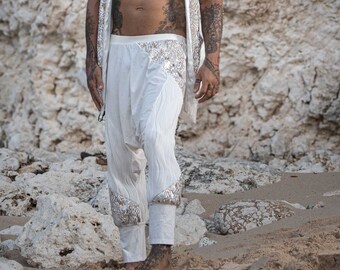 Sequin Harem Pants- White & Gold Mystic Fusion - Sirwal Festival Yoga Cotton Pants